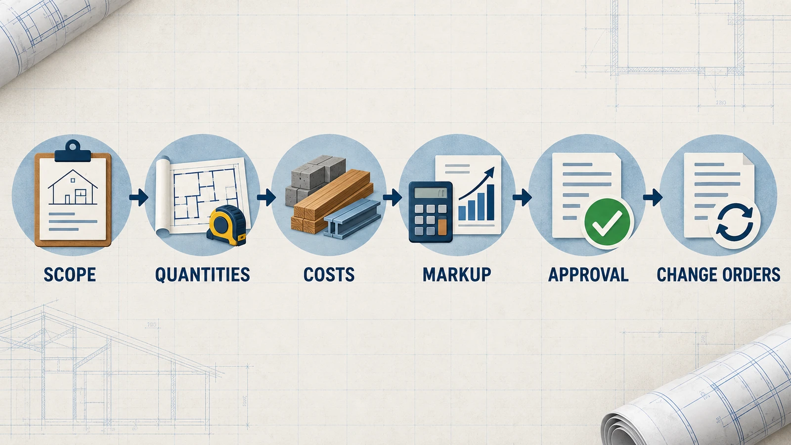 Construction estimate workflow from scope review to approved estimate, changes, invoices, and records
