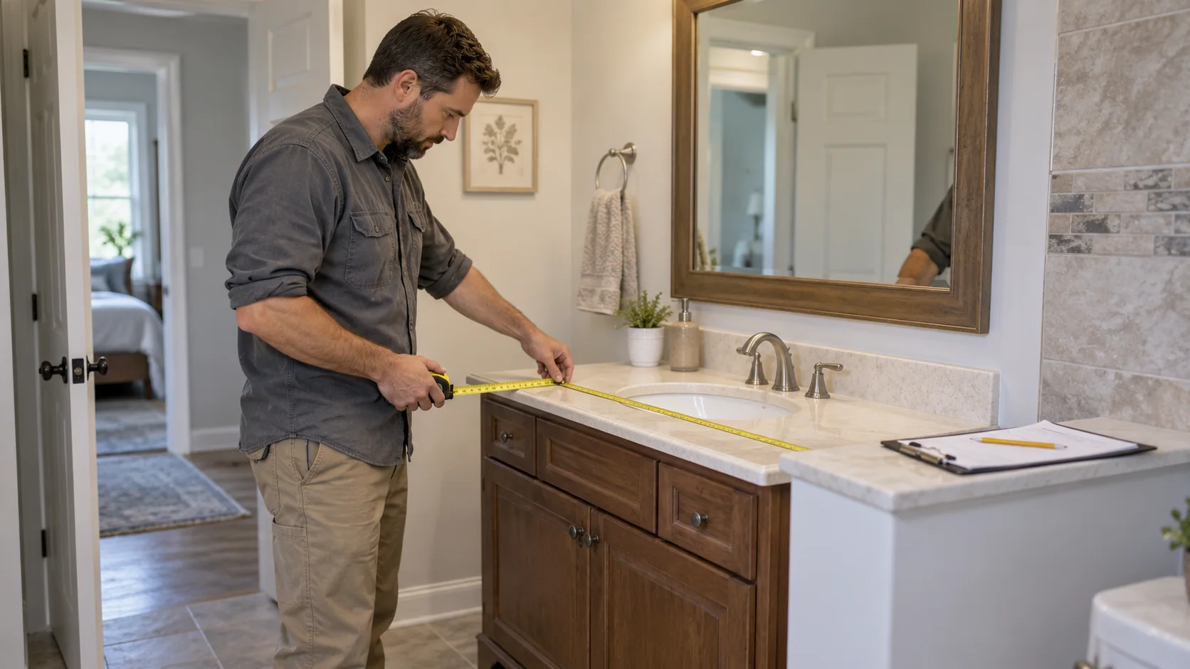 A contractor checks an existing bathroom vanity with a tape measure beside a clipboard.
