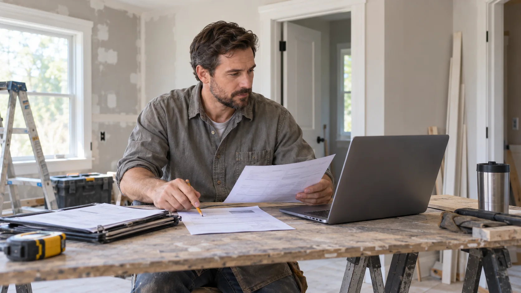 A contractor checks paper job documents with a pencil beside a laptop in an interior renovation.